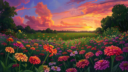 Fototapeta premium An enchanting panorama of a sunset over a meadow filled with zinnia flowers, their vibrant colors ablaze in the fading light of day.