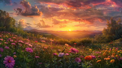 Fototapeta premium An enchanting panorama of a sunset over a meadow filled with zinnia flowers, their vibrant colors ablaze in the fading light of day.