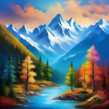 a tall snowy mountain with colorful trees