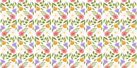 Continuous pattern showcasing floral elements. Botanical-inspired repeated design with lilac, orange, and white flowers, pink cherry blossom, assorted leaves.