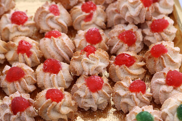 Close up of almond paste cookies, product of the Italian pastry