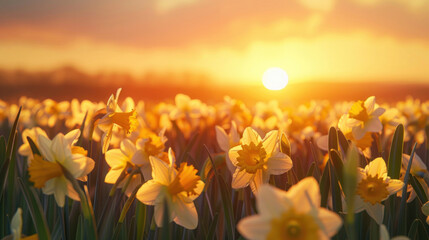 An idyllic scene of a sunset over a field of daffodils, their bright yellow blooms glowing in the soft, diffused light of evening.