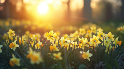 Fototapeta premium An idyllic scene of a sunset over a field of daffodils, their bright yellow blooms glowing in the soft, diffused light of evening.