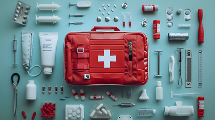 top view of red first aid kit box on blue surface with medical supplies
