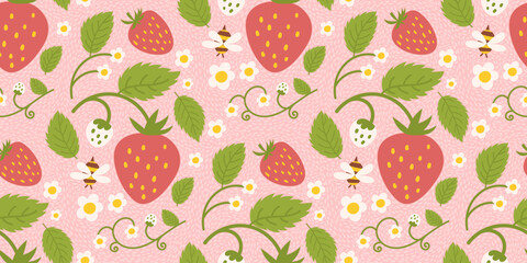 Strawberry-themed seamless pattern design featuring delightful berries, flowers, green leaves, and a tiny bee. Recurring surface design suitable for kid clothing, textiles, wrapping paper, and various