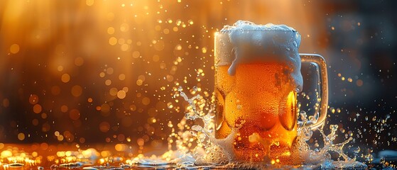 Draft beer in a tall, frosted mug, captured at the moment of pour, showcasing the dynamic splash and foam