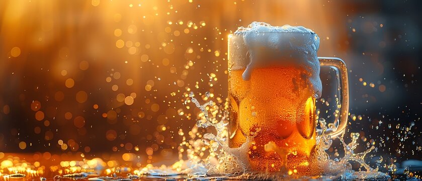 Draft beer in a tall, frosted mug, captured at the moment of pour, showcasing the dynamic splash and foam