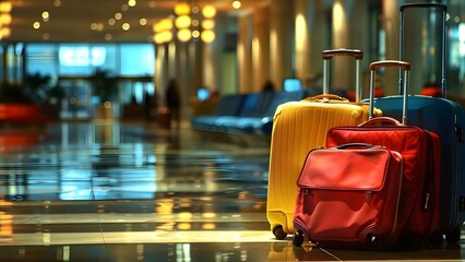 Naklejka premium Lost suitcase in airport or upscale hotel lobby. Concept Lost Luggage, Airport Mishaps, Luxury Hotel Problems