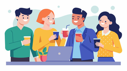 Fototapeta premium A group of coworkers sharing drinks after work bonding over a rumor about their companys upcoming merger and the potential changes it may bring..