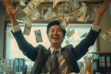 Asian businessman rase hands up victory and success. Dollars money in air nearby