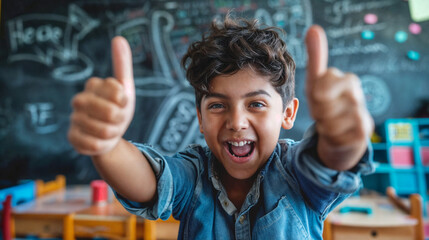 A young boy elementary school student against the background of a school blackboard. The schoolboy points with his finger.