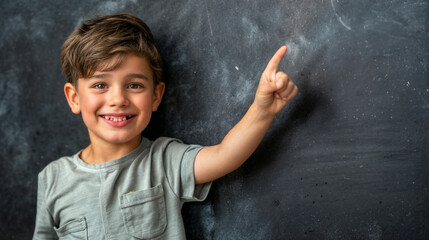 A young boy elementary school student against the background of a school blackboard. The schoolboy points with his finger.