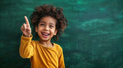 A young boy elementary school student against the background of a school blackboard. The schoolboy points with his finger.