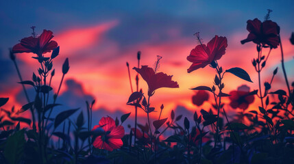 The ethereal beauty of a sunset over a field of hibiscus flowers, their tropical blossoms casting dramatic silhouettes against the vibrant sky.