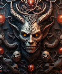 an evil demon statue with horns and skulls on a dark textured background in ancient temple wall