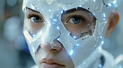 The face. The low-poly, sculpted white face of a beautiful robot stares directly at the camera. A minimal shape accented with bionic pieces and shiny light stripes. Generative AI.