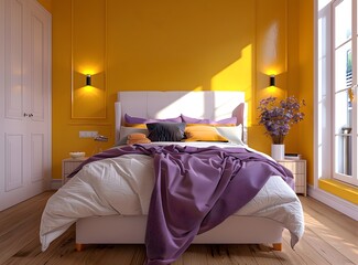 modern bedroom with wooden floor, white headboard bed 
