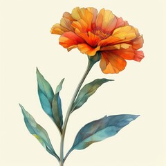 marigold stem flower watercolor paint on white background