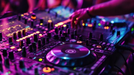 DJ playing in front of an audience at the club, surrounded by vibrant lights and smoke machine effects