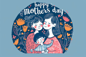 Charming Mother's Day illustration depicting a loving 2 mothers embracing kid, surrounded by whimsical flowers.