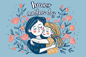 Illustrated Mother's Day card showing a tender moment between mother and child with decorative floral surroundings.