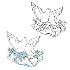 Obraz premium Two white doves pigeons in love, couple of doves on a green branch with a blue bow. Monochrome black illustration on transparent background