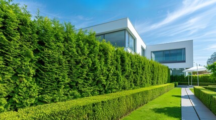 thuja occidentalis emerald hedge, hedge long and uniform, very healthy, in modern garden, modern white house