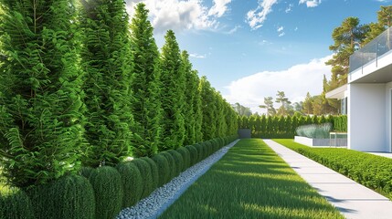 thuja occidentalis emerald hedge, hedge long and uniform, very healthy, in modern garden, modern white house