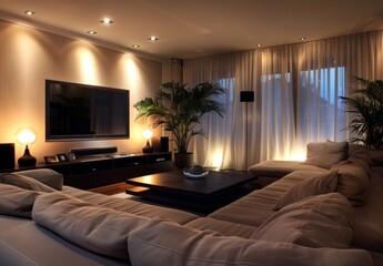 A sleek and modern living room with an oversized beige corner sofa, a large flatscreen TV on the...