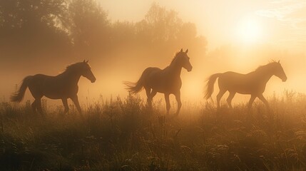 Craft an image of horses displaying elegance as they move gracefully through a misty morning