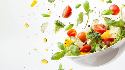 Flying vegetable salad ingredients over transparent and white bowl. Vitamins and healthy eating concept. High quality photo