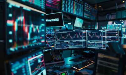 A stock market trading setup with multiple computer screens displaying real-time financial data and candlestick charts, highlighting the use of technology