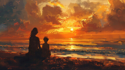 Obraz premium The quiet moment of reflection shared between a mother and her child as they watch the sunset together.