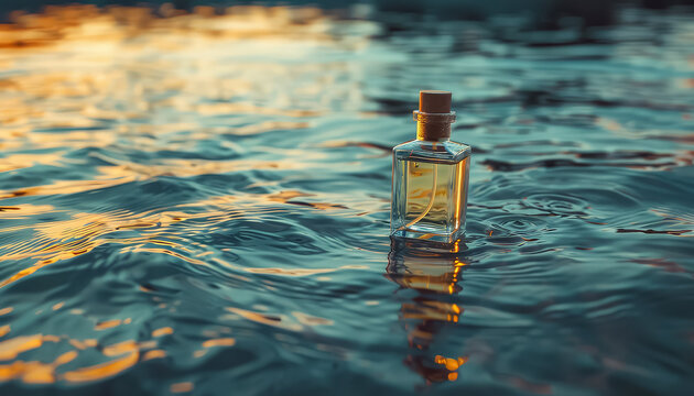A bottle of liquor is floating in the water