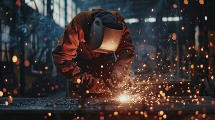  A welder was welding metal with sparks, working in a factory or workshop