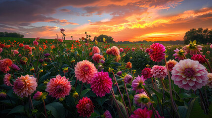 Fototapeta premium The serene majesty of a sunset over a field of dahlia flowers, their bold colors and intricate patterns creating a feast for the eyes.