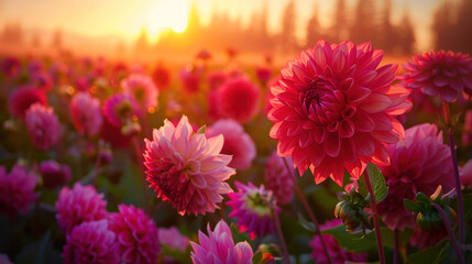 The serene majesty of a sunset over a field of dahlia flowers, their bold colors and intricate patterns creating a feast for the eyes.