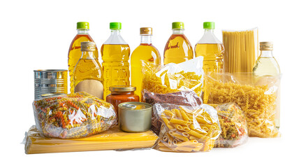 Foodstuff for donation, storage and delivery. Various food, pasta, cooking oil and canned food in cardboard box.