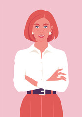 Portrait of a red-haired woman with freckles stands with arms crossed. Diversity. Vector flat illustration