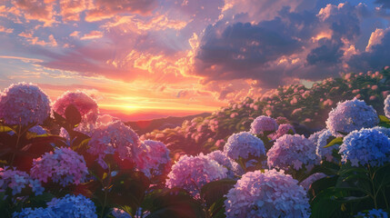 The serene majesty of a sunset over a field of hydrangeas, their delicate blossoms tinged with shades of blue, pink, and purple.