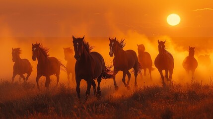 Craft an image of horses trotting outside