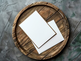 blank white card sitting on top of a wooden platter