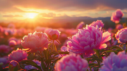 The serene majesty of a sunset over a field of peony flowers, their lush blooms bathed in the warm, golden light of dusk.