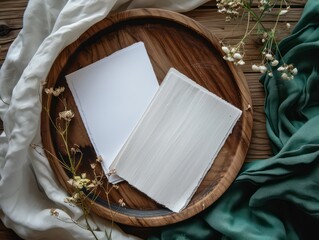 Obraz na płótnie Canvas blank white card sitting on top of a wooden platter