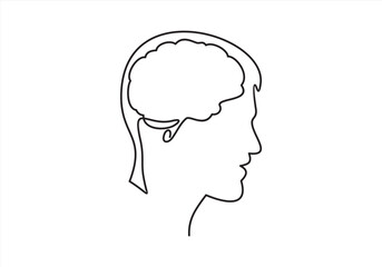 Human head with brain icon, brain symbol in line style isolated on white background, vector illustration.