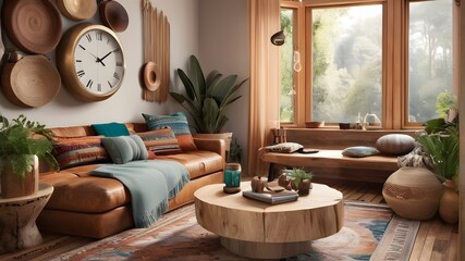 Step into a bohemian paradise with this unique living room design. The warm tones and natural elements create a sense of tranquility, while the alarm clock on the wooden table adds a touch of whimsy.