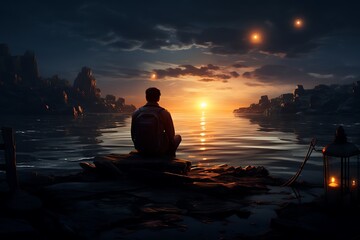 Man sitting on a rock in the middle of the sea at night