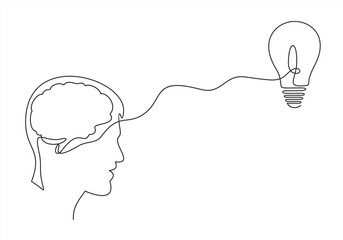 Business Idea line icon. Continuous one line with curl. Light bulb symbol. Human head sign. Idea single.One continuous drawn