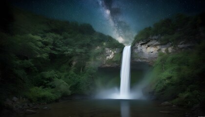 A serene waterfall framed by a canopy of stars