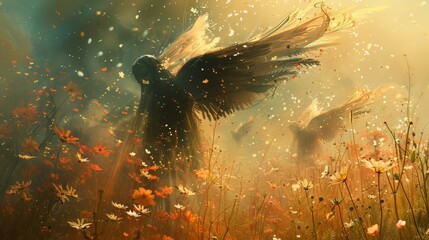 Craft an image of paradise where angelic creatures frolic among fields of blooming flowers